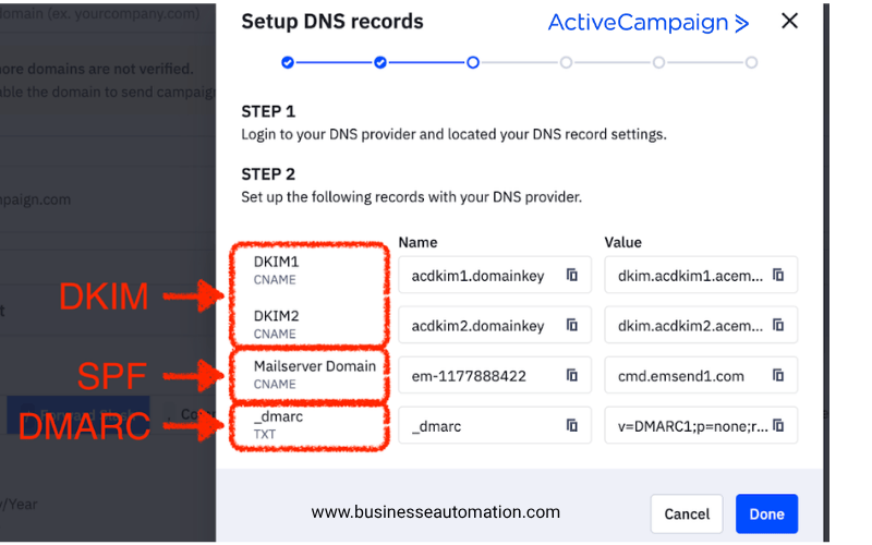 Activecampaign SPF/DKIM Settings Panel Example
