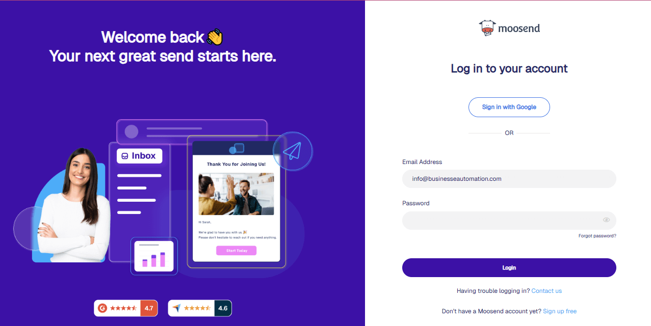 Moosend's Login Dashboard Details