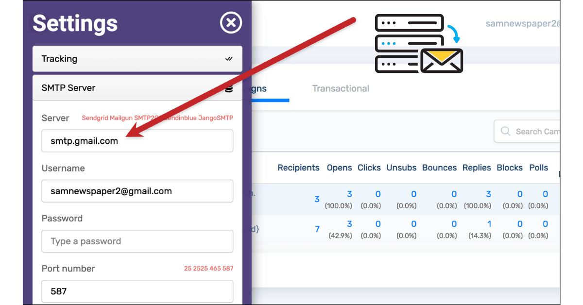  Screenshot showing SMTP configuration screen with host, port, and authentication fields.
