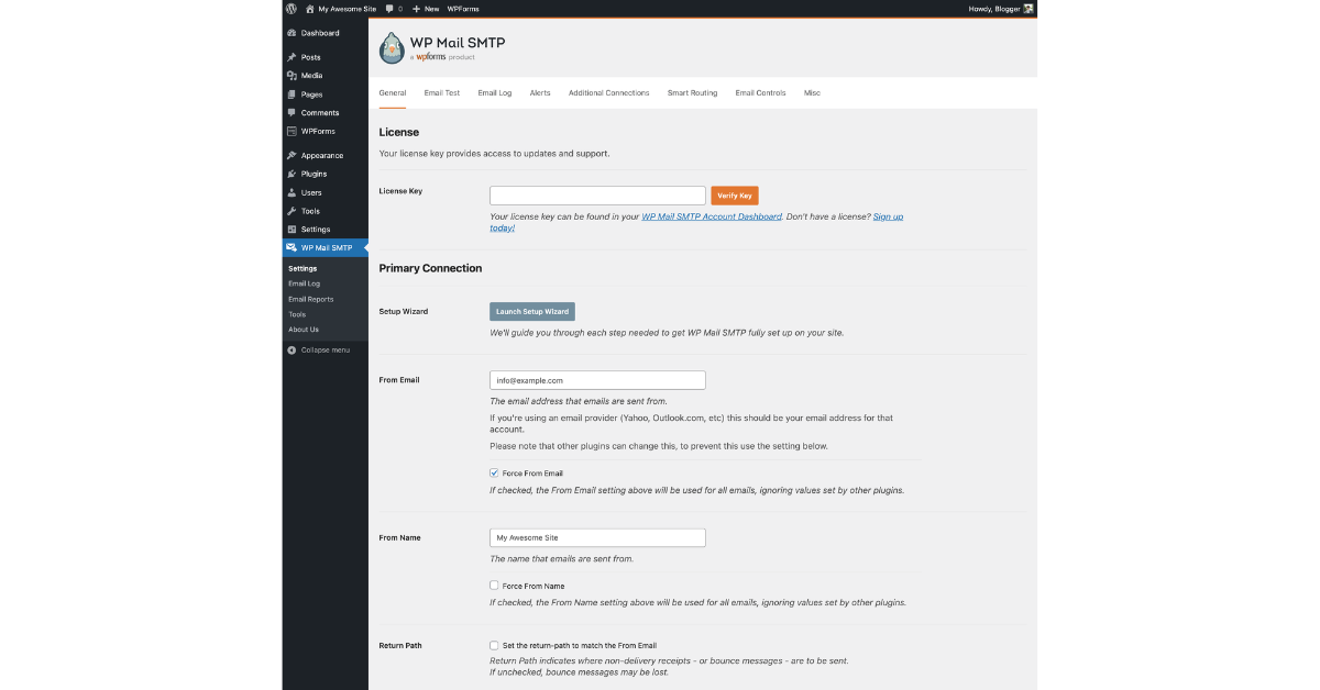 screenshot of a real SMTP setup form or a configuration code snippet (e.g., WordPress SMTP plugin settings).