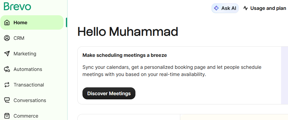 Brevo after login interface
