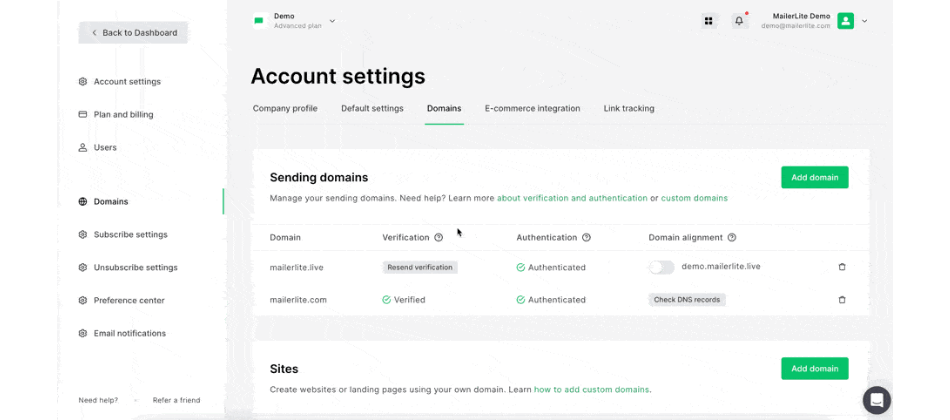 MailerLite setting up account, connecting domain